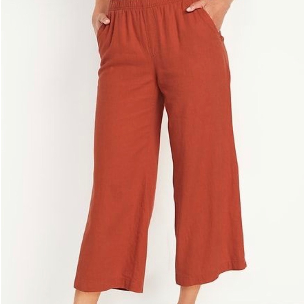 Linen Blend Cropped Wide Leg Pants with Elastic Waist - Rust - Old Navy Size XL
